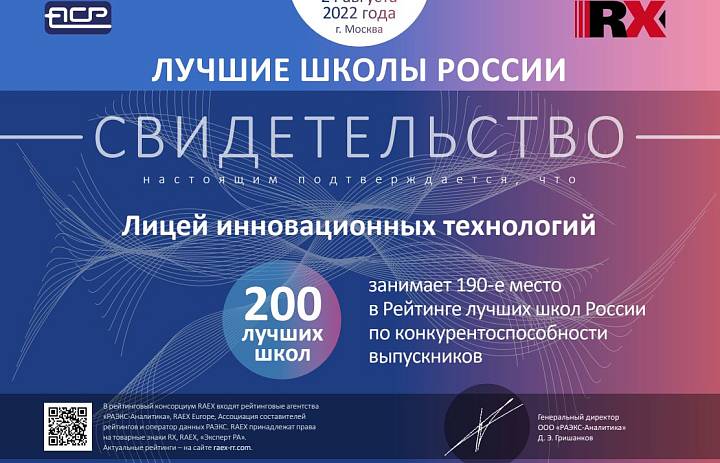 ЛИТ вошел в рейтинг Лучших школ России 2022 г